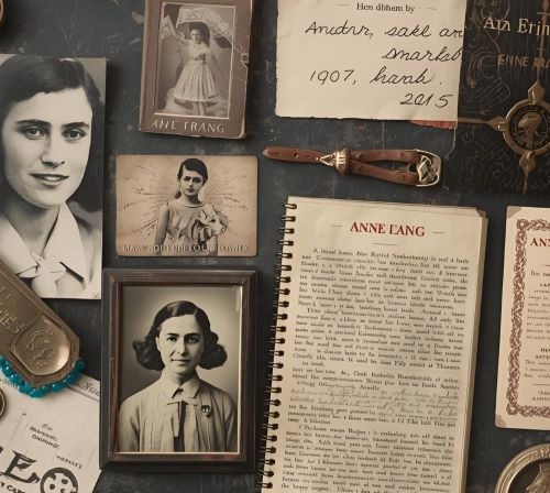 Vintage Anne Frank diary collection featuring historical black and white photos and handwritten notes.