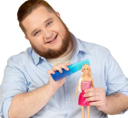 a man with a toothbrush and a barbie doll