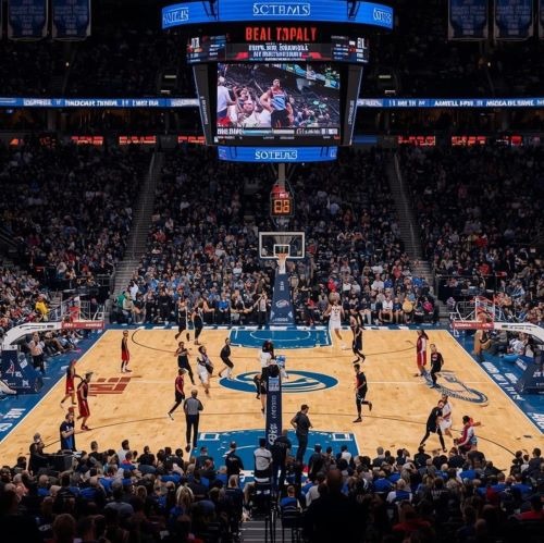 a basketball game with a crowd of people watching a game