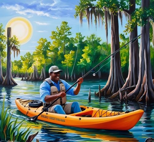 Man fishing with a cayak in a lake