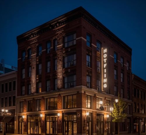 a hotel with a hotel sign on the side of the street