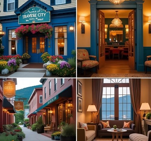 outdoors and hotelroom photo of a boutique hotel in traverse city 