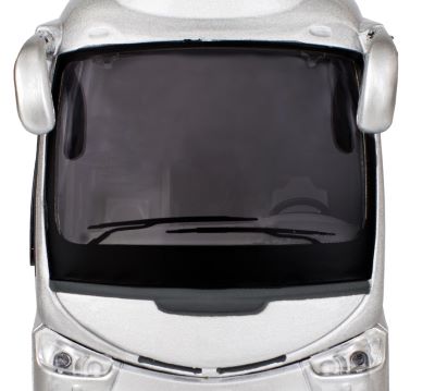 a silver bus with a black face and a black face