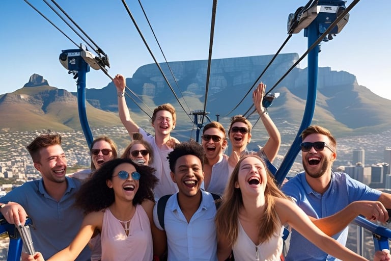 a group of people sitting on a cable car