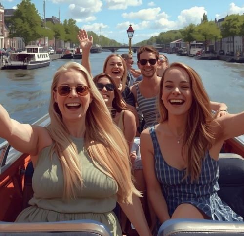 A group of happy friends taking a selfie on a canal boat tour in Groningen on a sunny day.