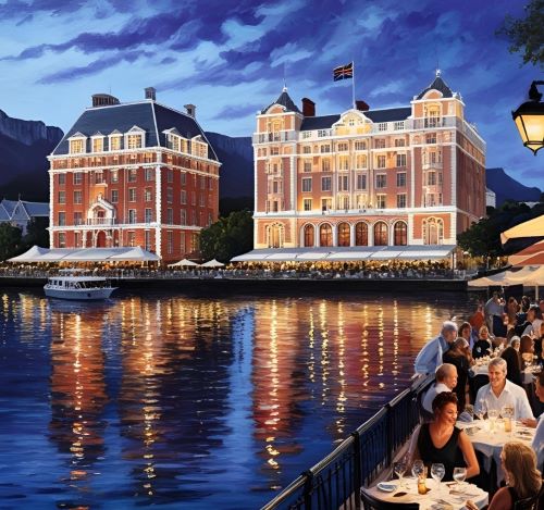 a painting of a restaurant with a view of a large building