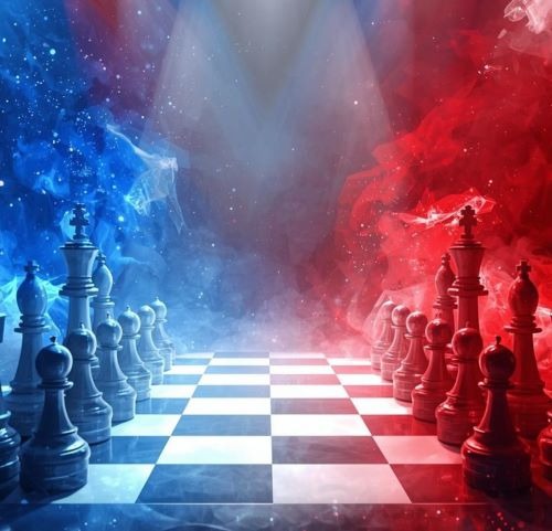a chess game with a chess game board with blue of the usa and red of russia