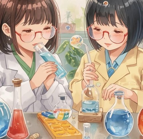 Two anime girls wearing glasses and lab coats conduct a science experiment with colorful chemistry beakers.