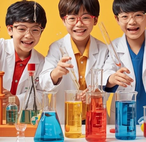 Three happy children in lab coats conducting science experiments with colorful beakers and test tubes.
