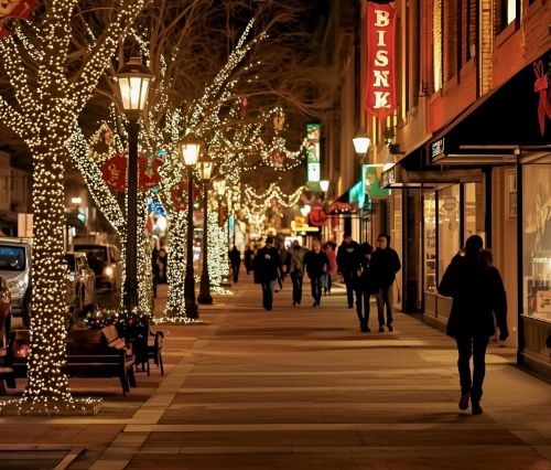 a city street scene with people walking down a street with christmas lights