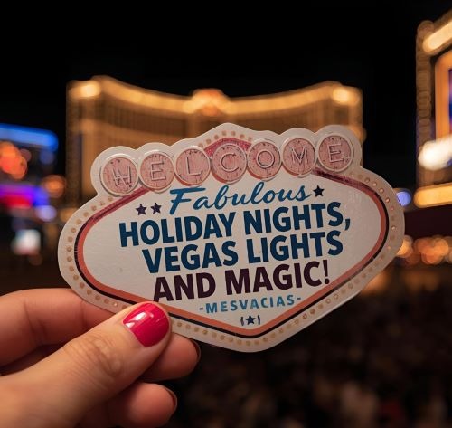 a person holding a sticker that says, holiday lights, vegas lights and magic
