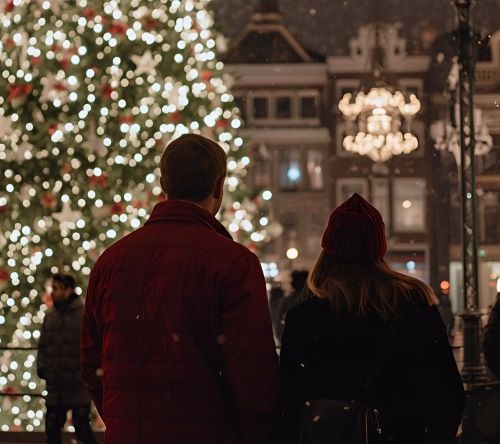 a couple of people standing in front of a christmas tree