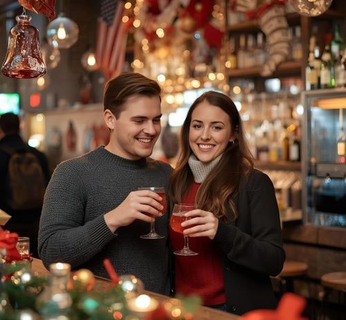 a man and woman standing in a bar with christmas