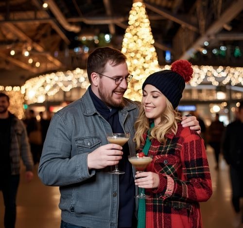 a man and woman standing in front of a christmas tree