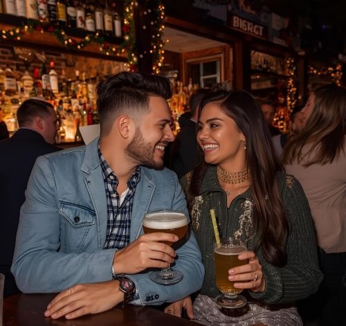 a man and woman sitting at a bar with christmas