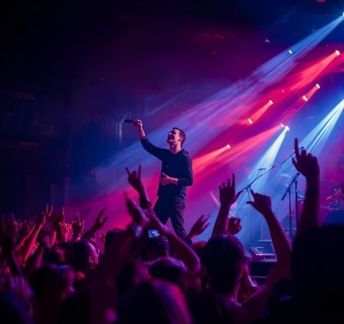 a man in a concert hall with his hands up to the microphone