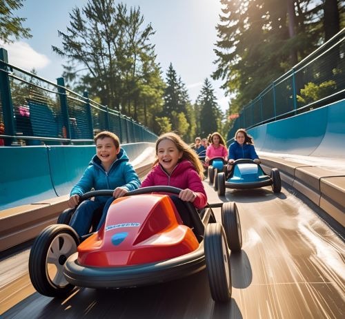 a group of children's bumper - car rides on a roller coaster