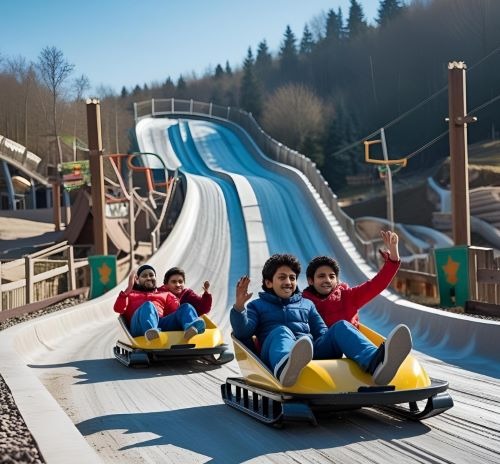 two people riding on a roller coaster at a roller coaster