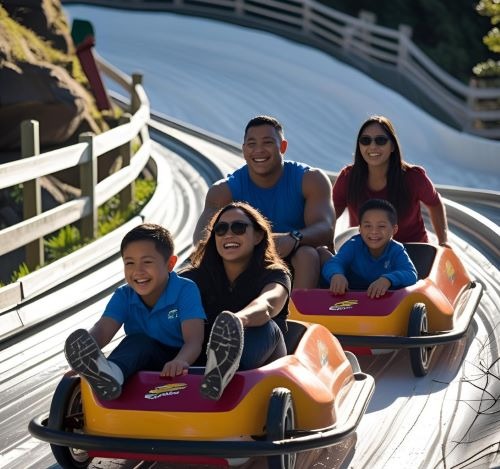 a family of four people riding on a roller coaster
