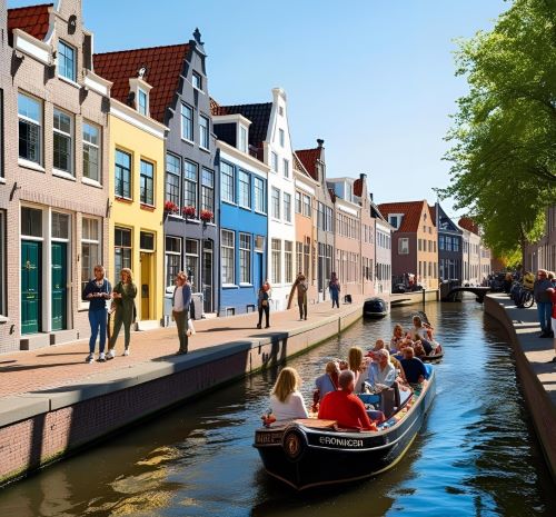 a boat on a canal with people on it