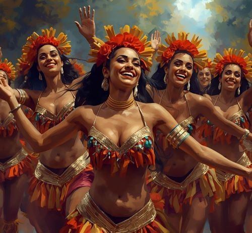 a group of women in costumes performing a dance