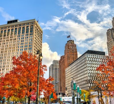Detroit - a city street scene with a bus and a bus