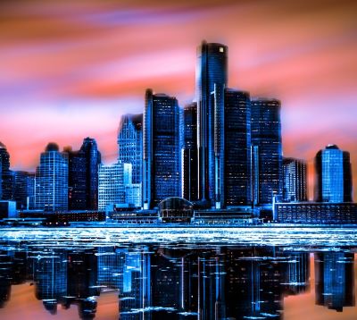 a city skyline with a red sky and a red sky