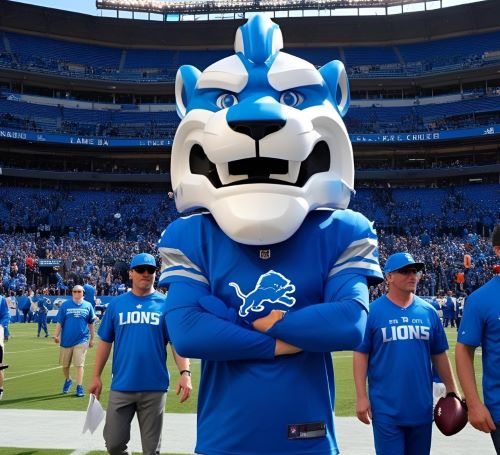 a mascot of a football team that is wearing a blue uniform