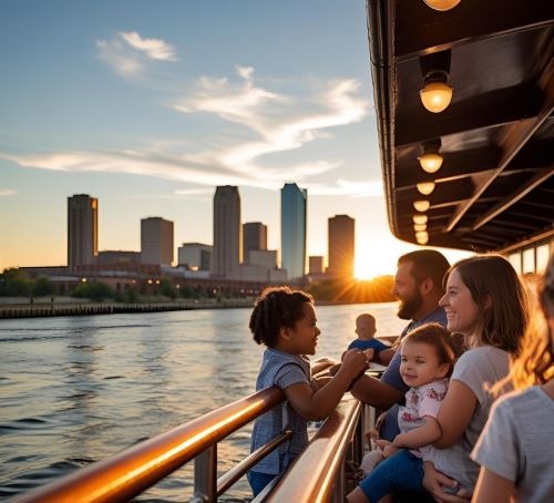 a group of people on a boat in the water