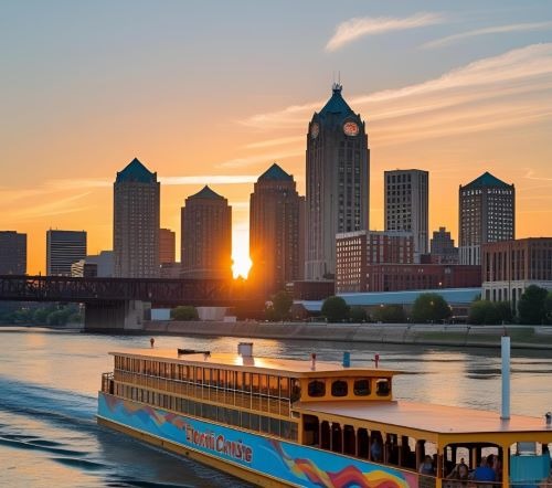 a boat on the water with a sunset in the background