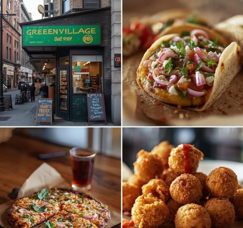 a collage of photos of a restaurant and a pizza