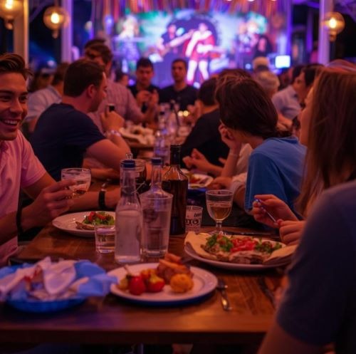 Friends enjoy Mediterranean dinner and drinks at a lively restaurant with live music entertainment.