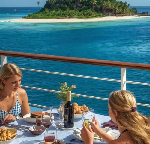 Two women enjoy a luxury cruise dinner on a balcony overlooking a tropical island and turquoise ocean.