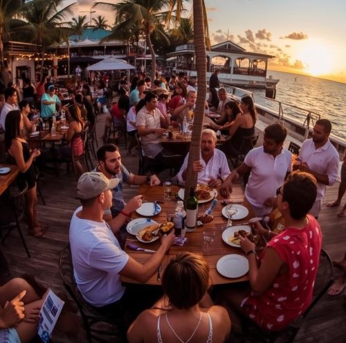Crowd dining outdoors at a waterfront tropical restaurant during a golden sunset.