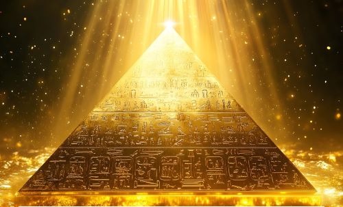 a pyramid shaped pyramid with a bright light shining down on it