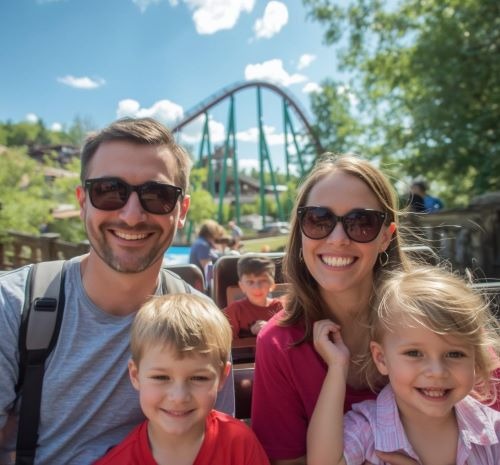 a family of four people sitting on a roller coaster