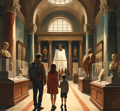 a family of three standing in a museum