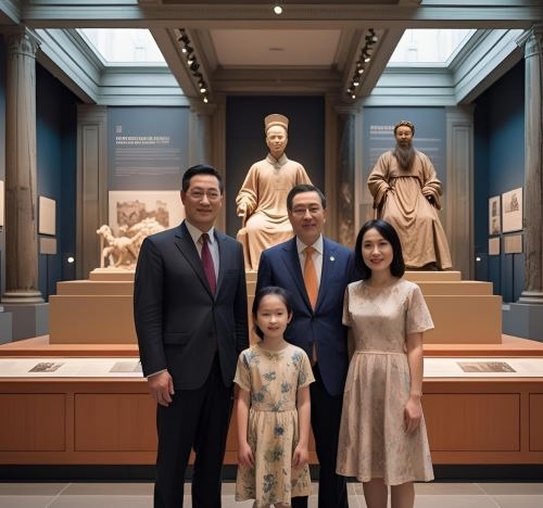 a family posing for a photo in a museum