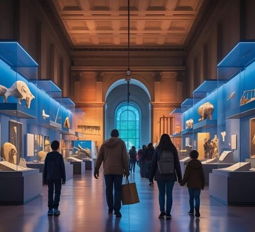 a group of people walking through a museum