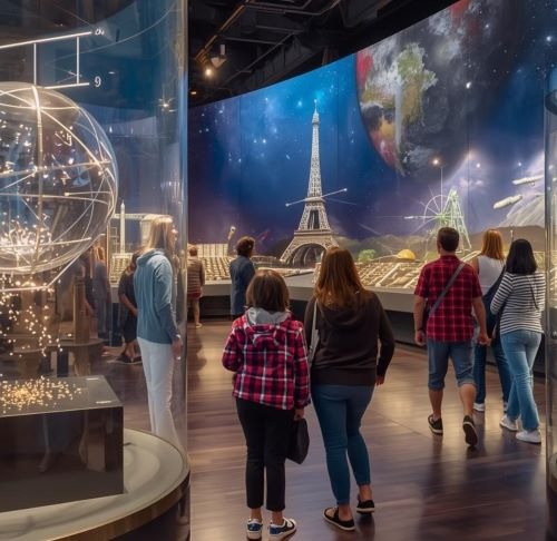Visitors explore an interactive science museum exhibit featuring the Eiffel Tower and space themed displays.