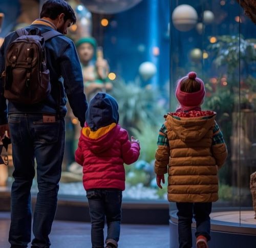 Father and two young children looking at a planetary exhibit in a science museum.