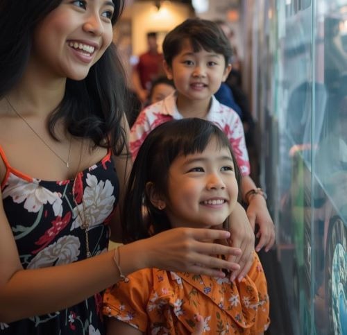 A smiling mother and two young children looking excitedly through a glass window display at a museum.