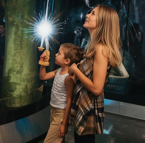 A mother and young son interacting with a glowing magic wand exhibit at a science museum.