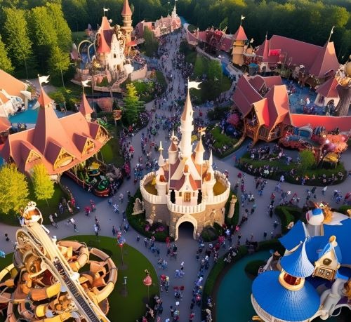 Aerial view of a fantasy theme park with fairy tale castles, amusement rides, and crowds of people.