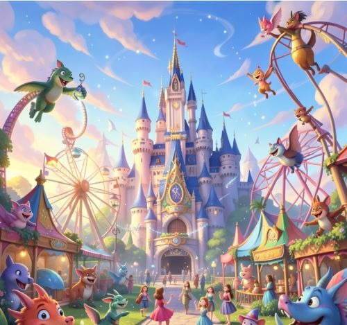 Magical fantasy theme park with a blue castle, flying dragons, and carnival rides.