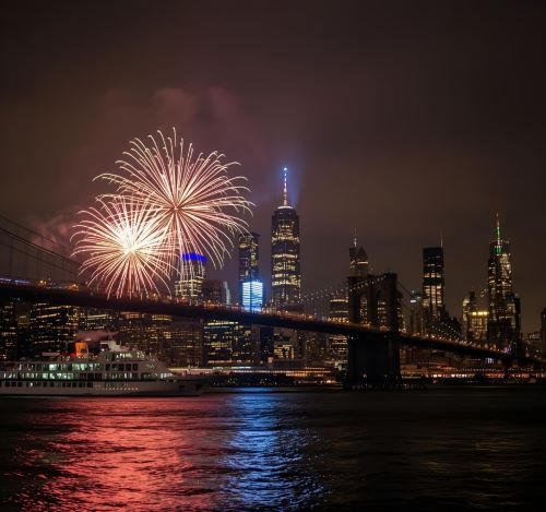 fireworks in the skyline of new york city with a cruise ship in the background