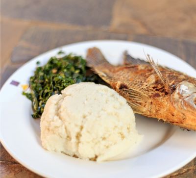 a fish fish on a plate with a side of mashed potatoes and greens
