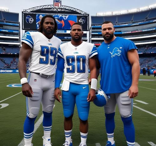 three men in blue uniforms standing in front of a stadium