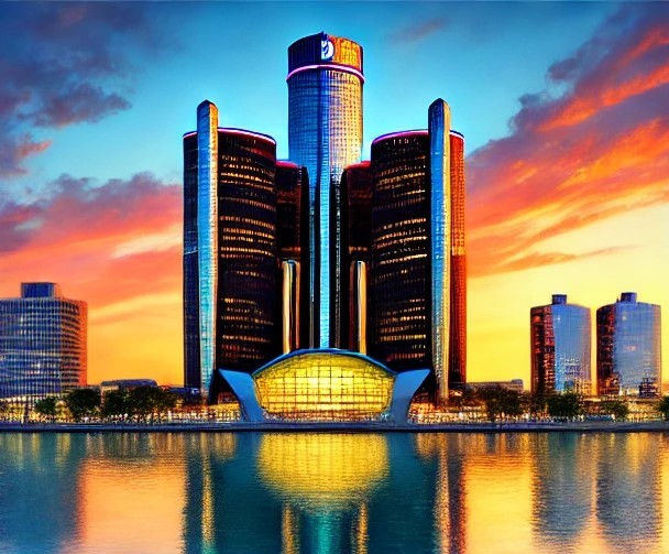 Detroit - a city skyline with skyscrapers and a beautiful sunset