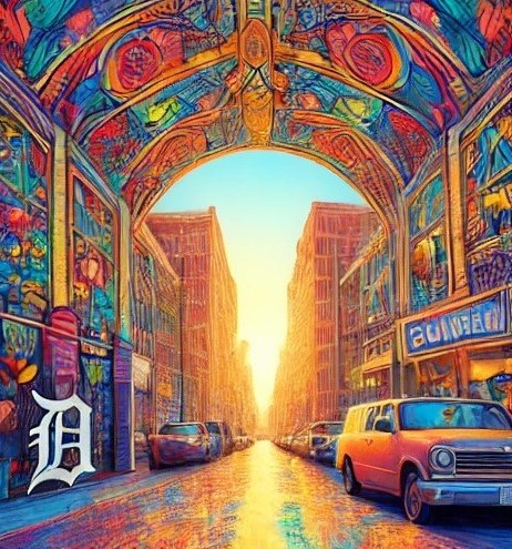 detroit - a painting of a street scene with a car parked in front of a building